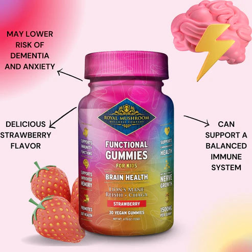 Royal Mushroom Brain Health Mushroom Mix Gummies For Kids Strawberry Flavor