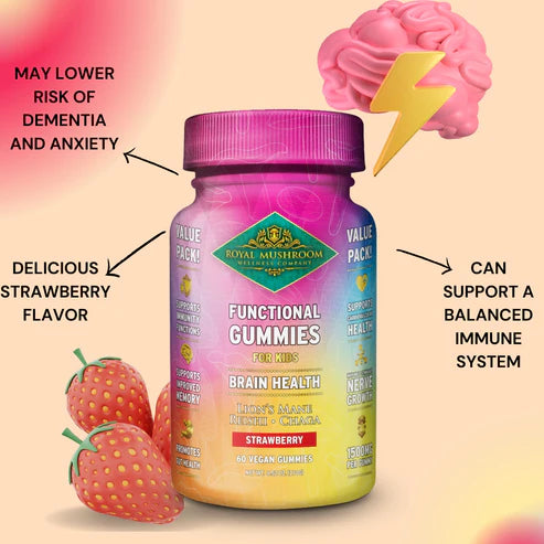Royal Mushroom Brain Health Mushroom Mix Gummies For Kids Strawberry Flavor