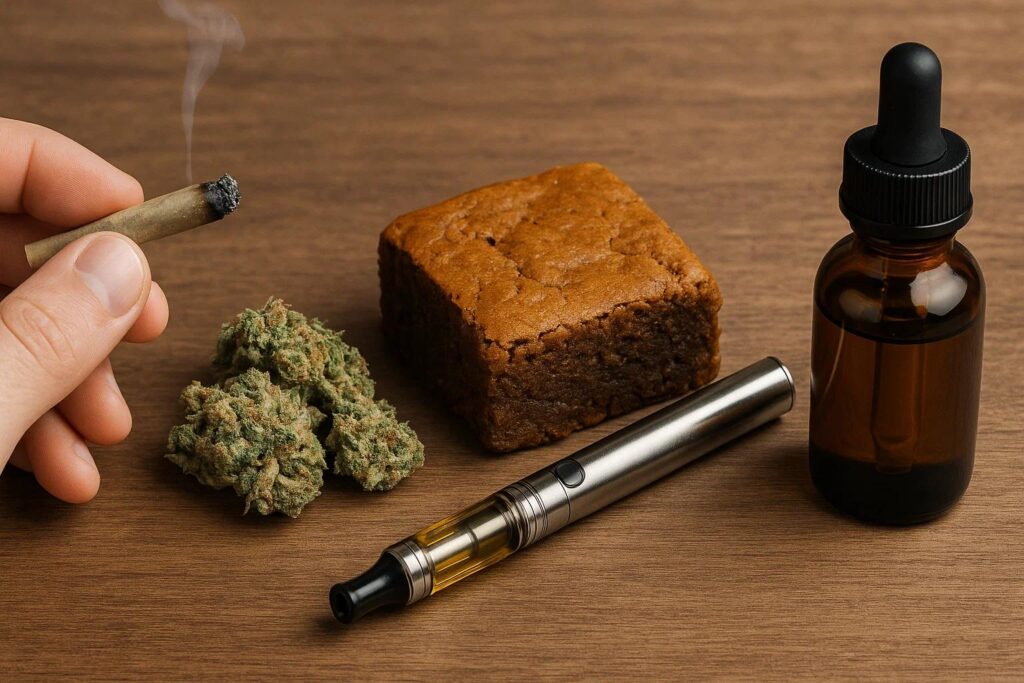 Cannabis consumption methods displayed: a hand holding a joint, cannabis buds, a vape pen, a piece of cannabis-infused brownie, and a tincture bottle, representing smoking, edibles, vaping, and tinctures.