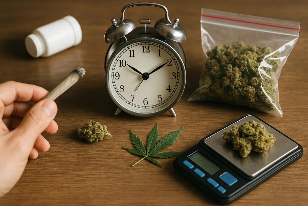 A hand holding a joint next to an alarm clock, cannabis buds, a scale, and a cannabis leaf, symbolizing factors like consumption method, weight, and time in determining the duration of a cannabis high.