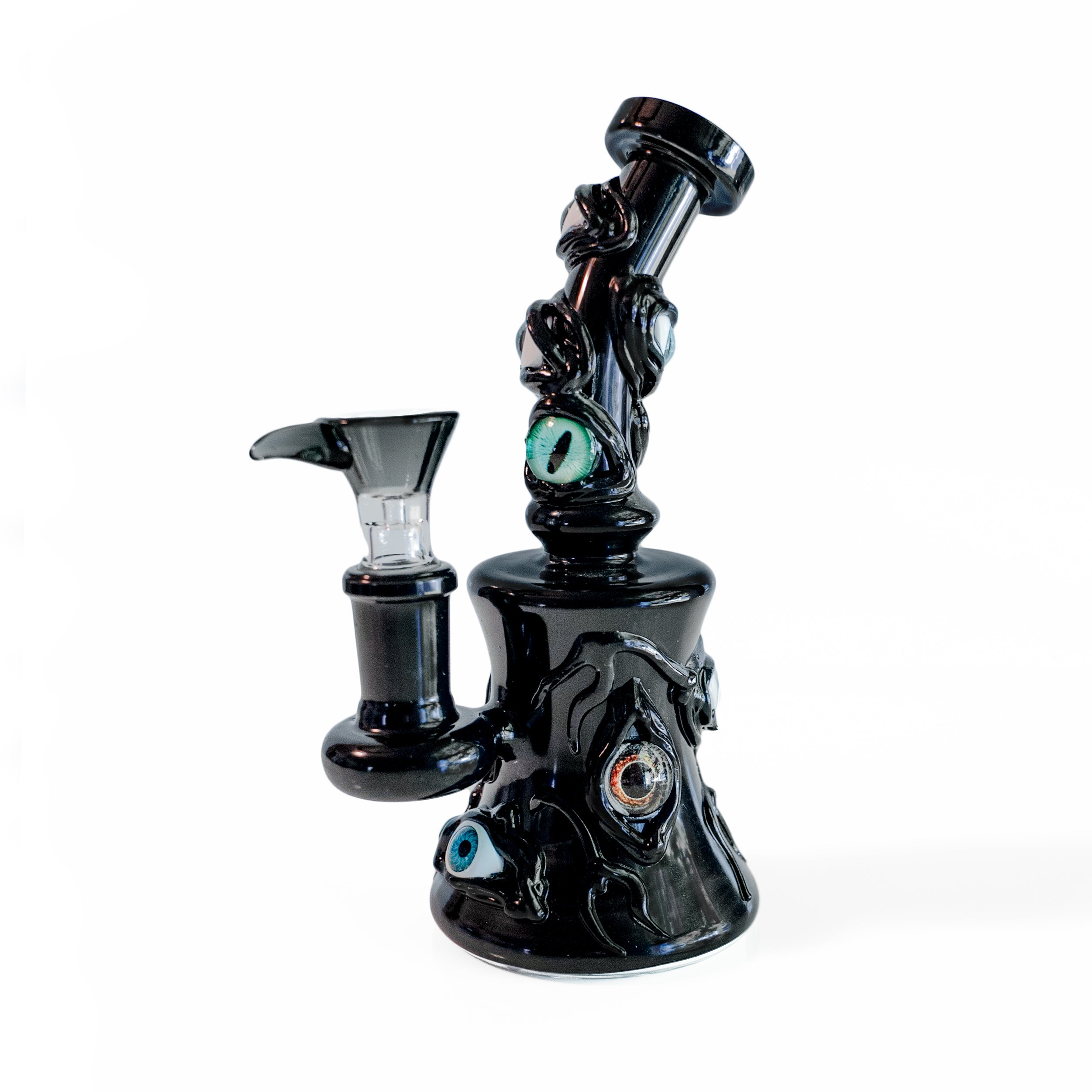 The Bong has Eyes by Cannabitches, black glass bong covered in eyeball details