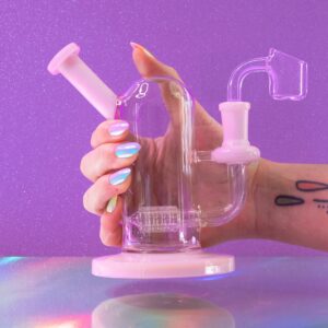 High Society pink dab rig, glass water pipe with a diamond bowl, front product shot