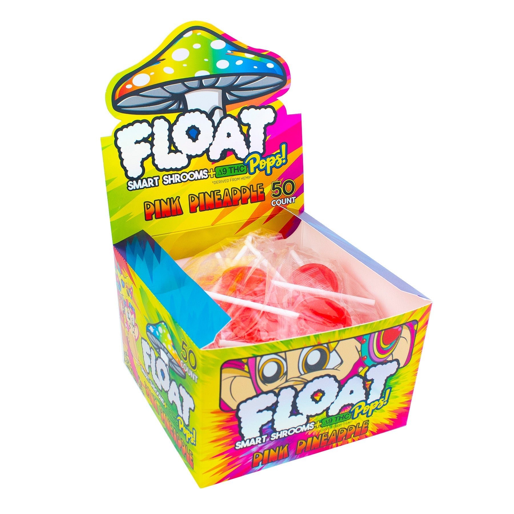 Float Mushroom Lollipop – Pink Pineapple Flavor, 50-Pack Box
