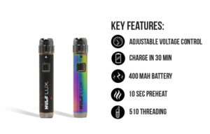 Wulf Mods LUX key features chart: adjustable voltage, 30 minute charge, 400mAh battery