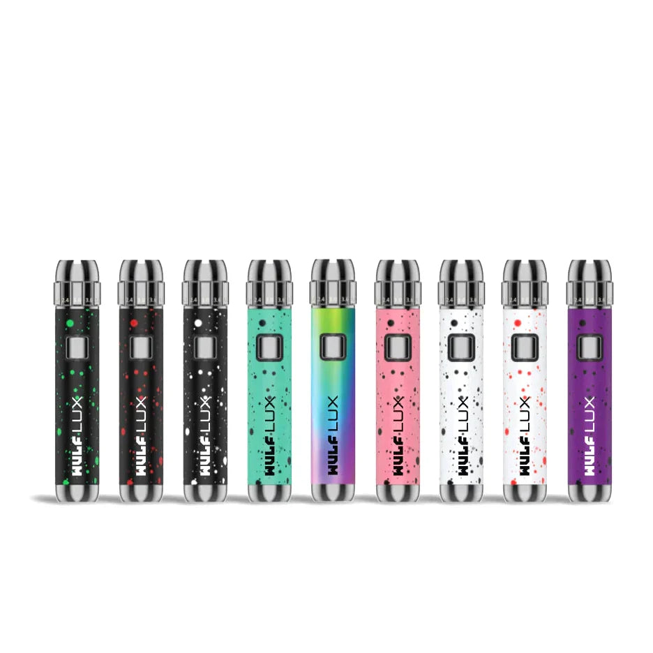 Wulf Mods LUX 510 cartridge vaporizer batteries in nine assorted colors, display lineup
