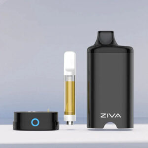 Ziva Incognito 510 cartridge battery by Yocan with cartridge and dab puck on grey backdrop