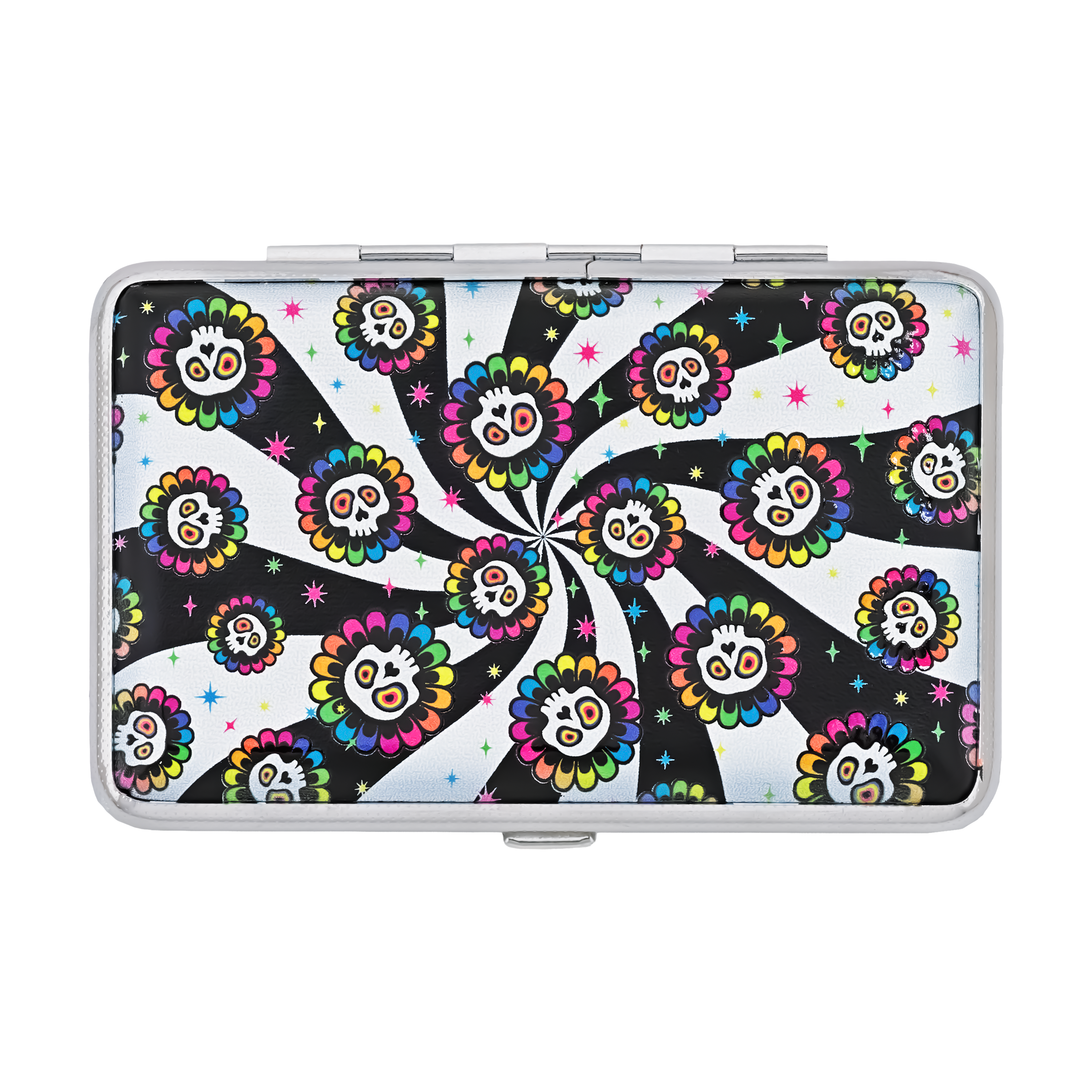 Dead Head joint case, skull stash holder with swirling colorful sugar skull print