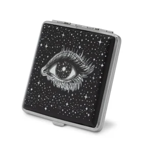 Cosmic Eye witchy stash case by Cannabitches, metal case front with celestial eye artwork