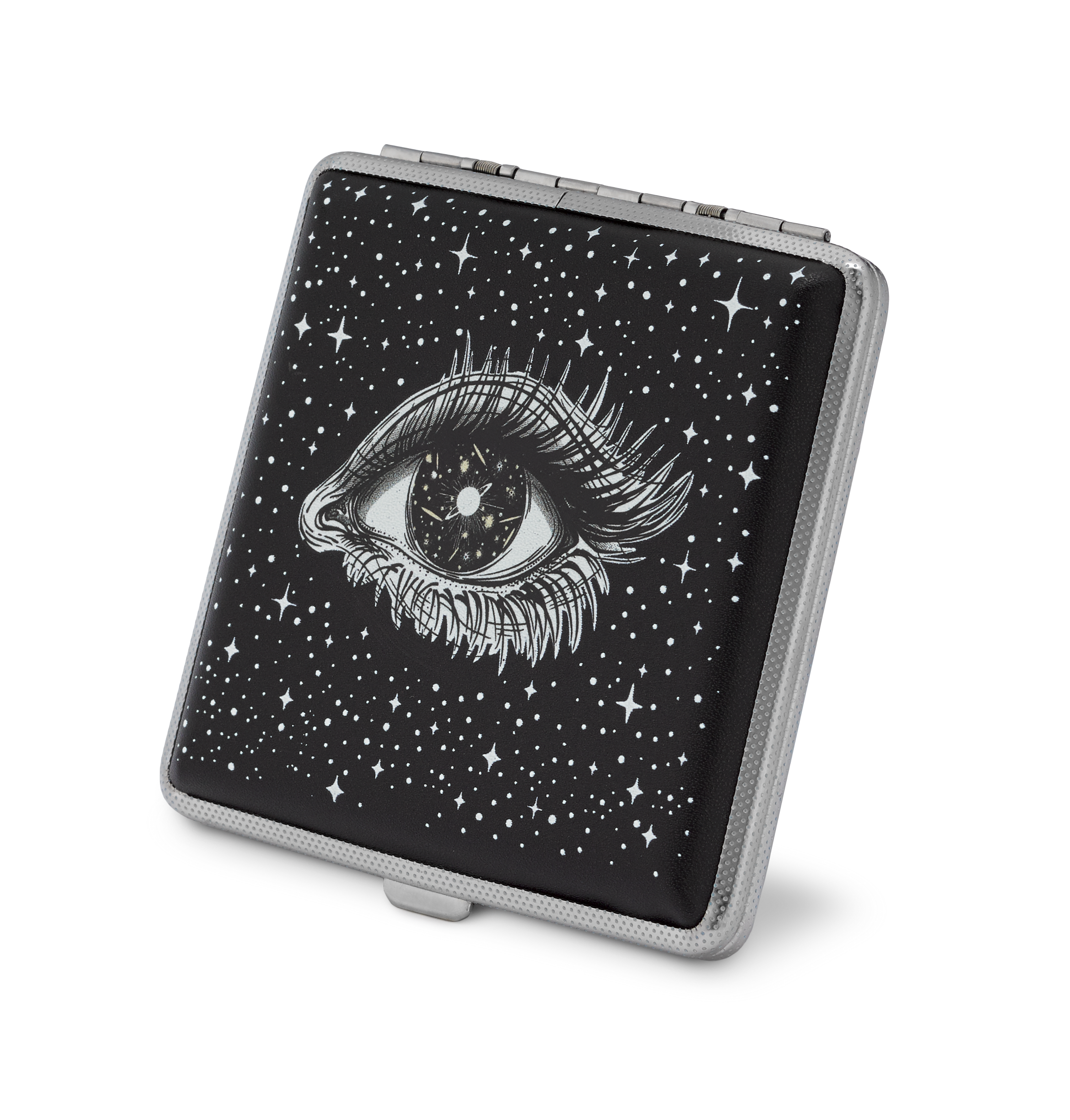Cosmic Eye witchy stash case by Cannabitches, metal case front with celestial eye artwork
