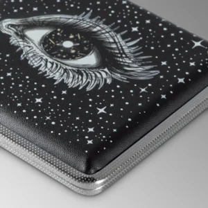 Cosmic Eye witchy stash case by Cannabitches, angled view of the celestial eye lid