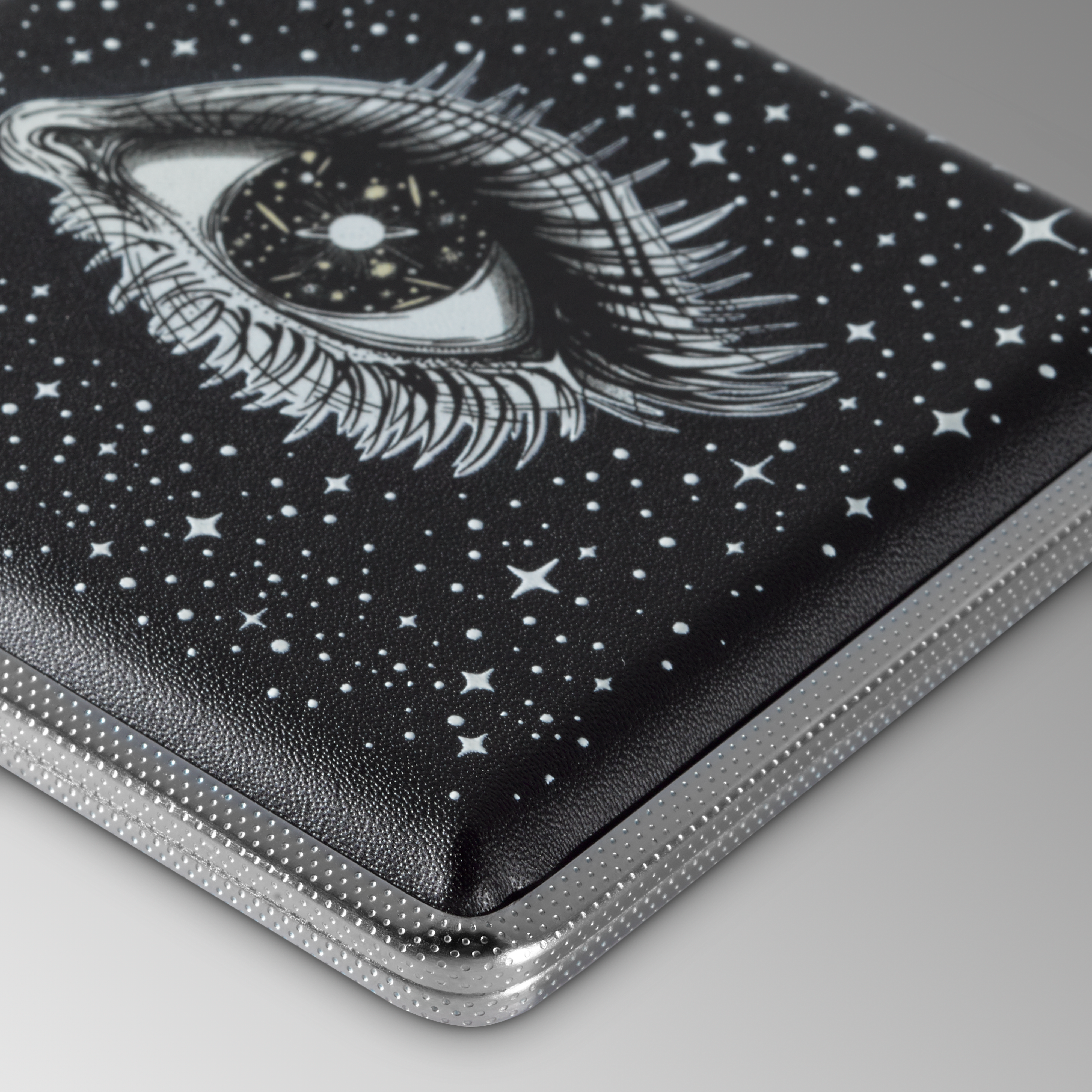Cosmic Eye witchy stash case by Cannabitches, angled view of the celestial eye lid