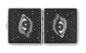 Cosmic Eye witchy stash case by Cannabitches, open metal case showing interior