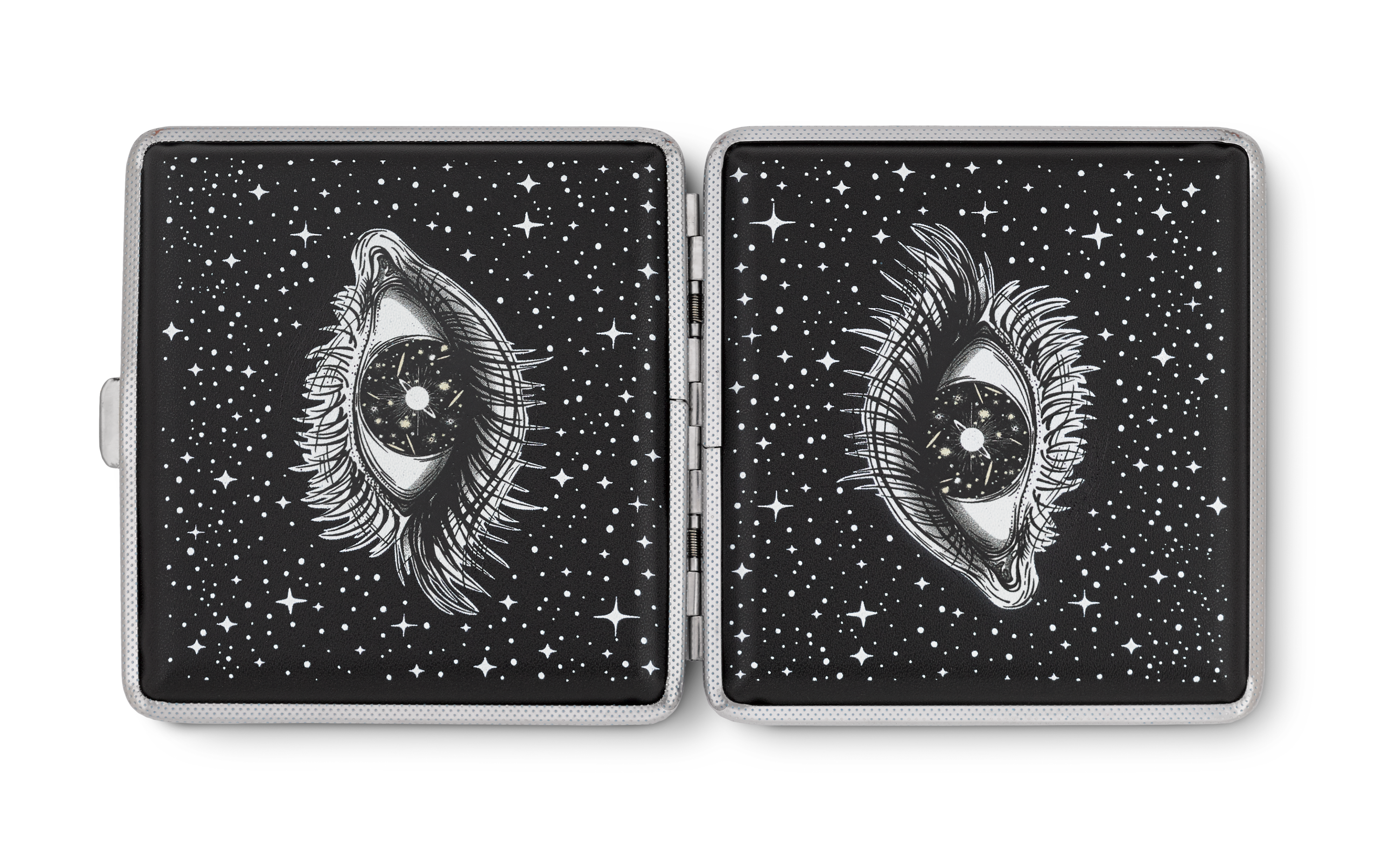 Cosmic Eye witchy stash case by Cannabitches, open metal case showing interior