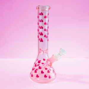 Love Her Madly cute pink hearts bong by Cannabitches, pink beaker on pink backdrop