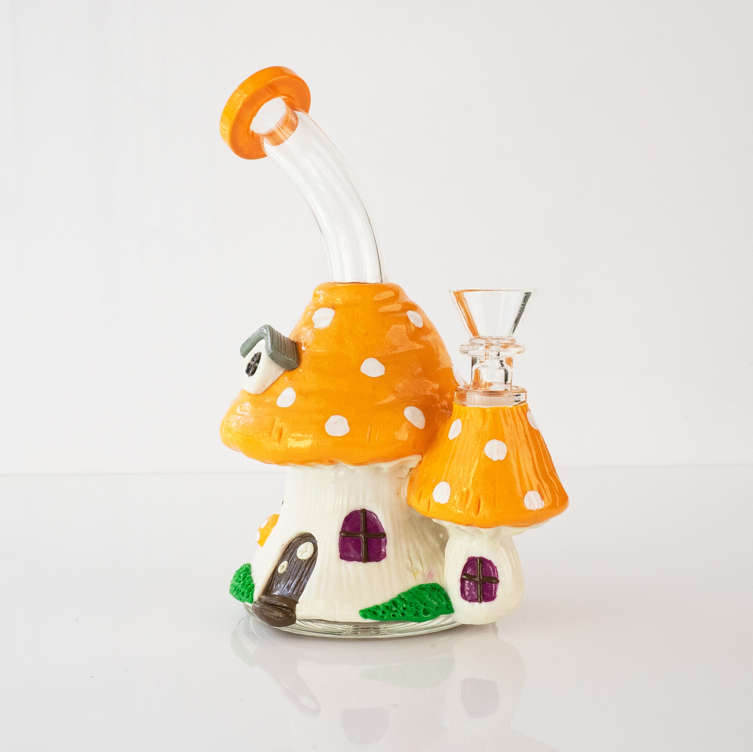 Cottage bong, orange mushroom house glass bong with toadstools, side detail view