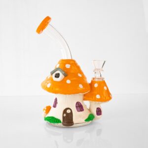 Cottage bong, orange mushroom house glass bong with red-capped toadstools, front view