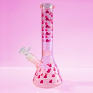 Love Her Madly pink hearts beaker bong by Cannabitches, clear glass with pink heart pattern