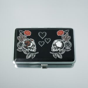 The Lovers joint case by Cannabitches, black lid with skulls, roses and hearts art