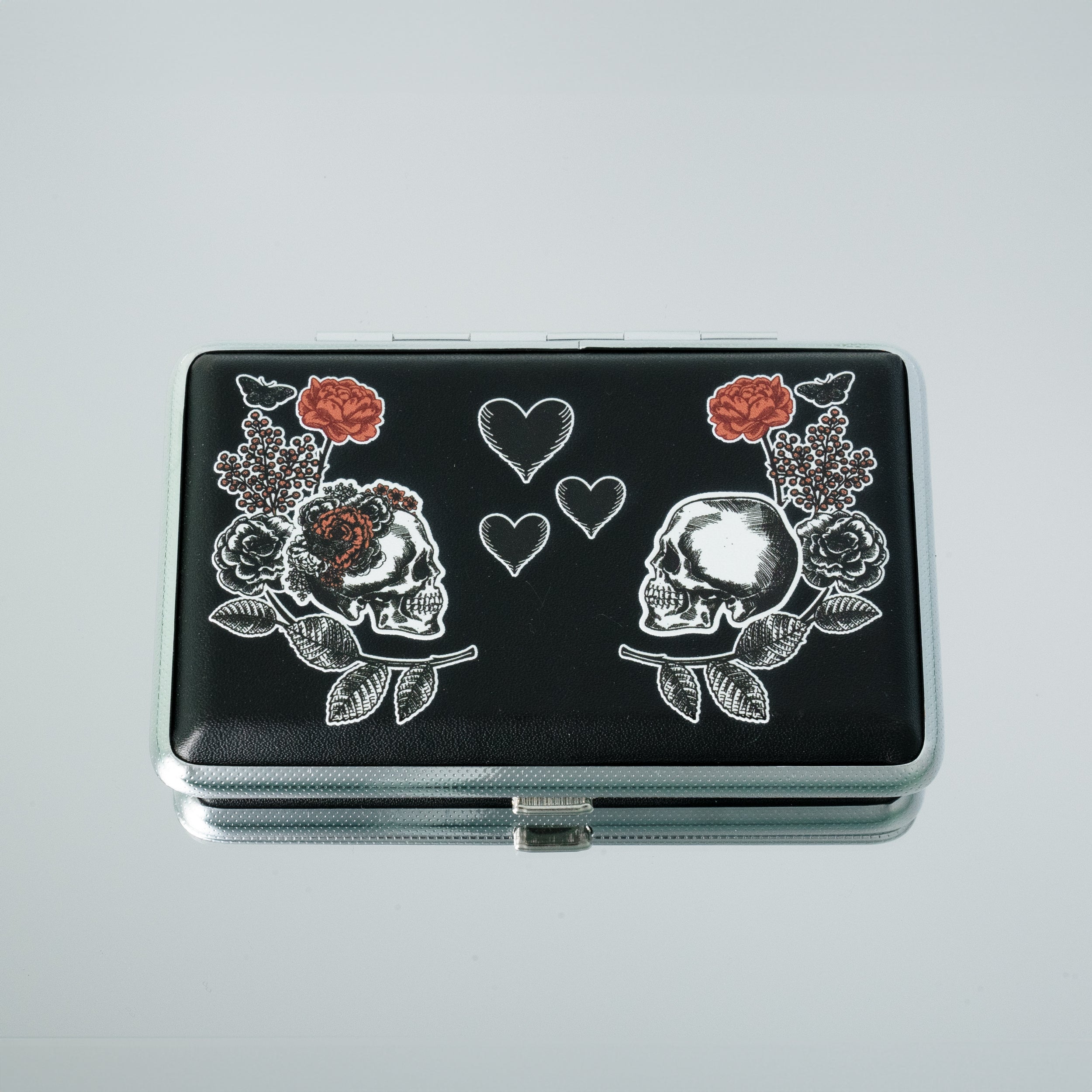 The Lovers joint case by Cannabitches, black lid with skulls, roses and hearts art