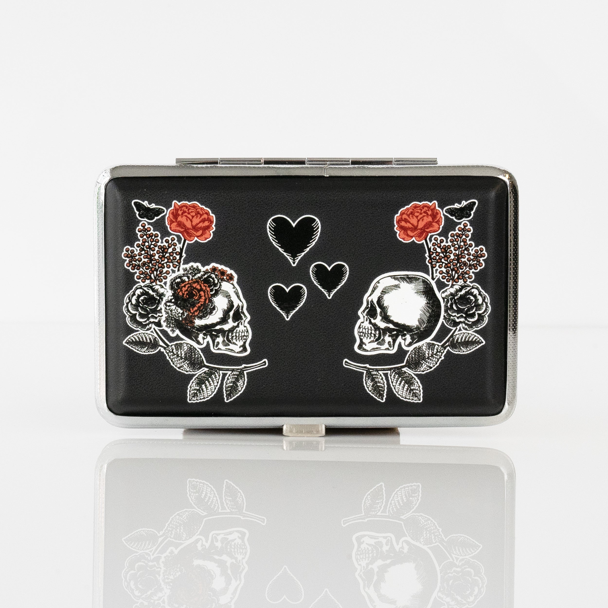 The Lovers joint case by Cannabitches, black case with skull roses and hearts art