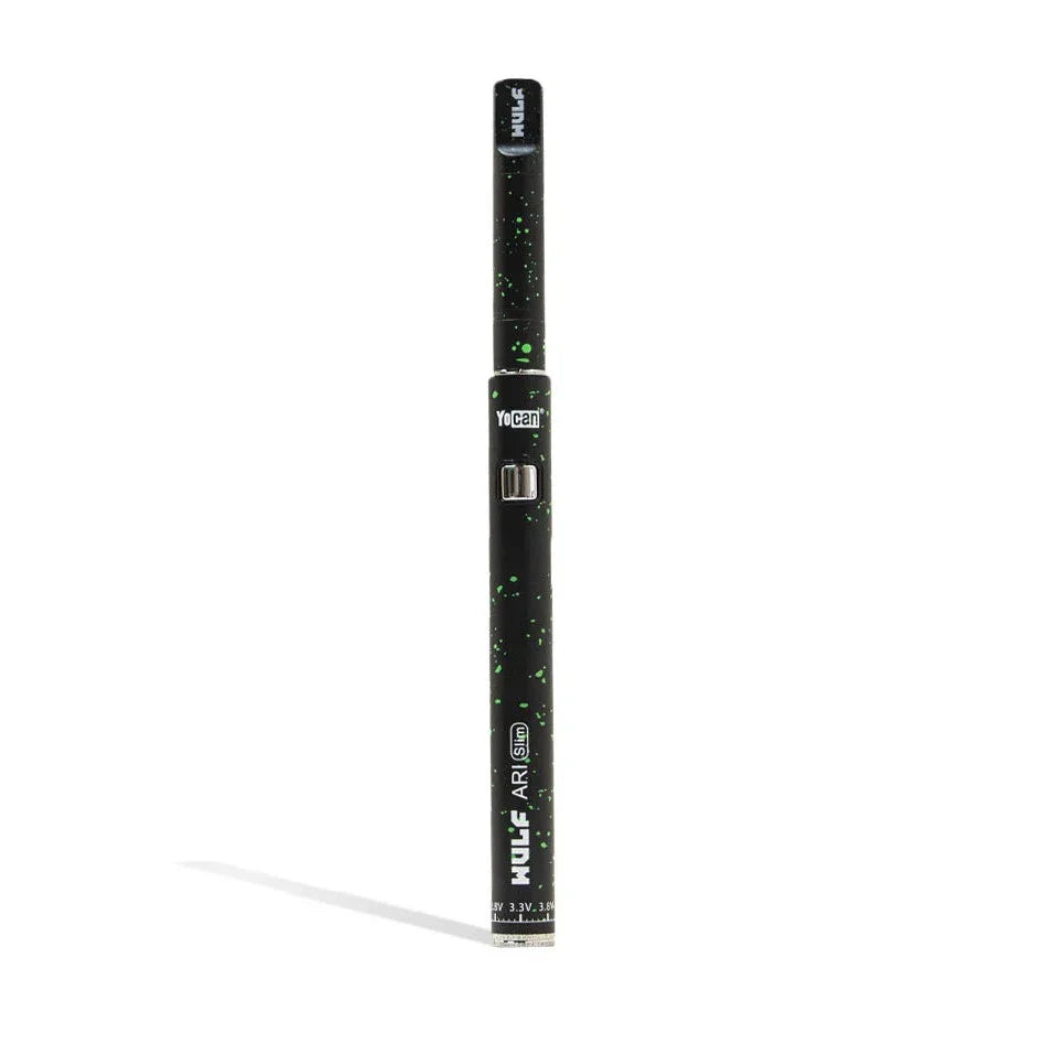 Wulf Mods ARI Slim concentrate pen in black with green spatter finish, angled view
