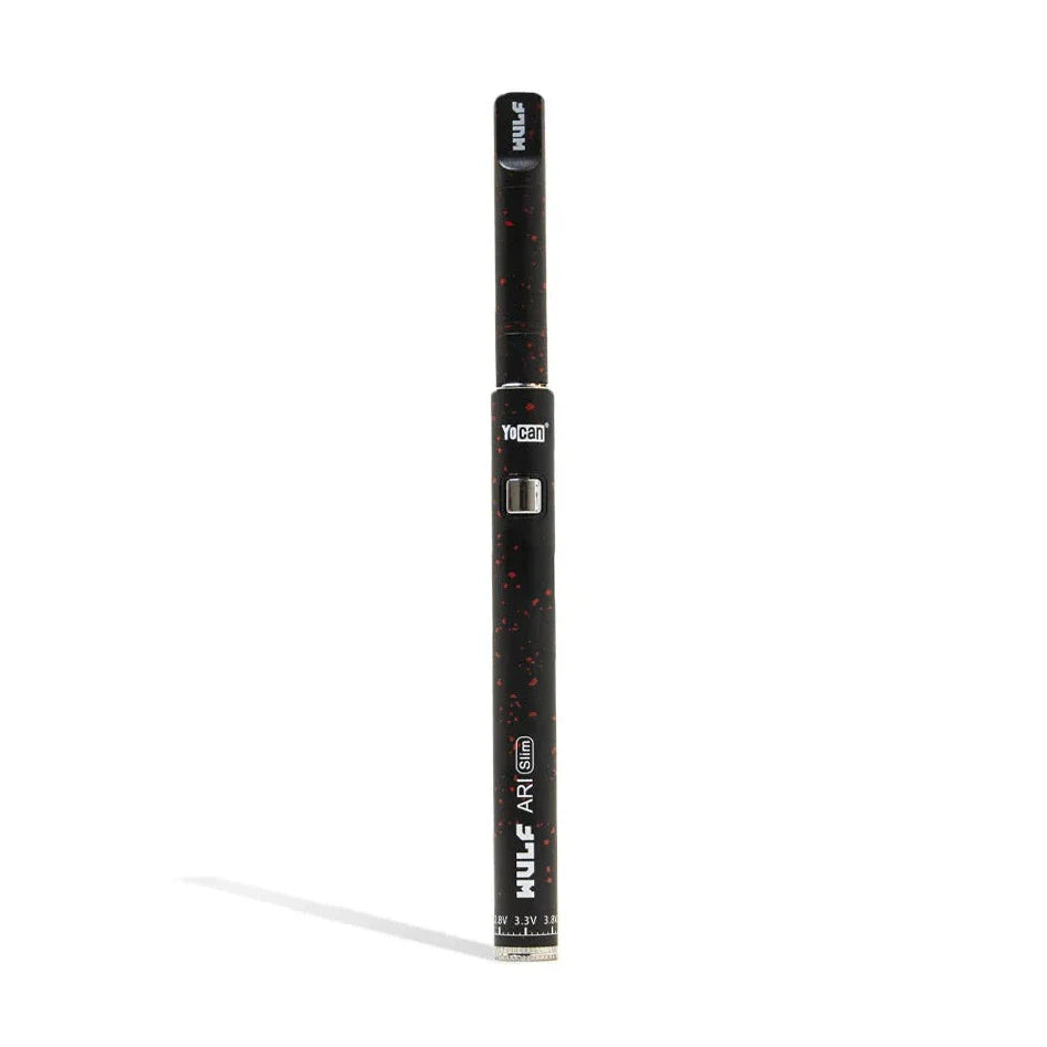 Wulf Mods ARI Slim concentrate pen in black with red spatter finish, side view