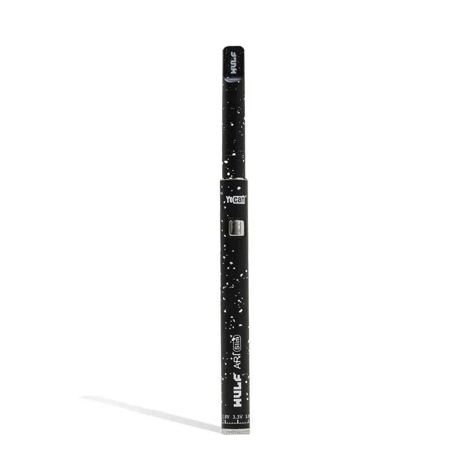 Wulf Mods ARI Slim concentrate pen in black with white spatter finish, upright