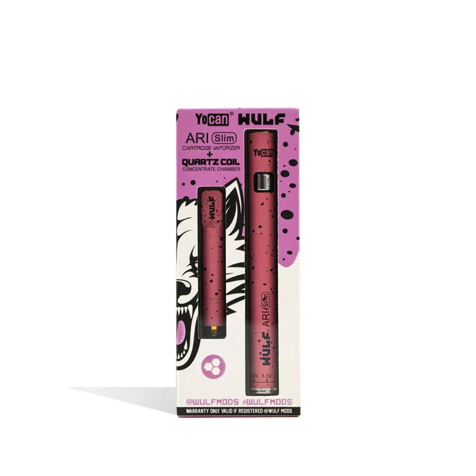 Wulf Mods ARI Slim concentrate kit in pink with black spatter, retail packaging
