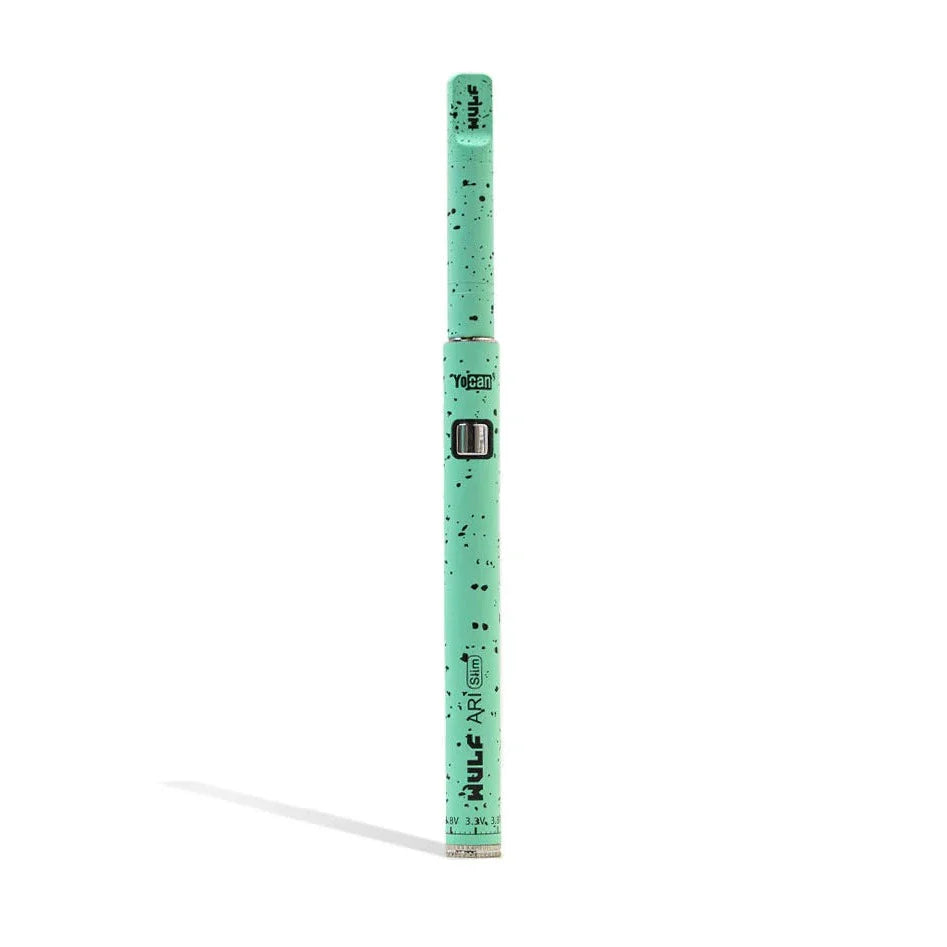 Wulf Mods ARI Slim concentrate pen in teal with black spatter finish, upright