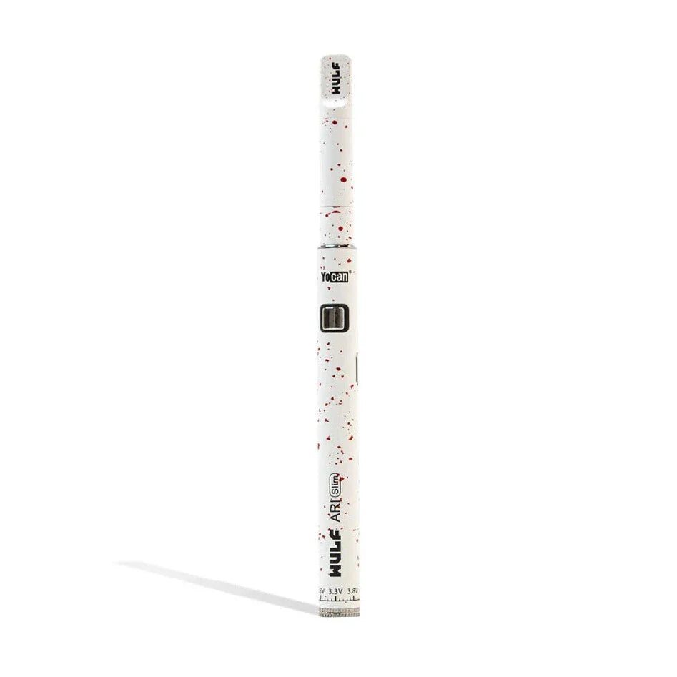 Wulf Mods ARI Slim concentrate pen in white with red spatter finish, upright view