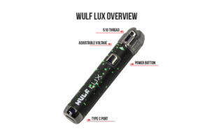 Wulf Mods LUX vaporizer overview diagram labeling 510 thread, voltage dial and button