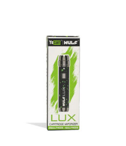Wulf Mods LUX cartridge vaporizer in black with green spatter, retail packaging