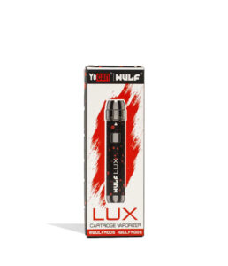 Wulf Mods LUX cartridge vaporizer in black with red spatter, boxed retail packaging