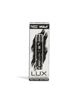Wulf Mods LUX cartridge vaporizer in black spatter finish inside retail box