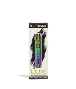 Wulf Mods LUX cartridge vaporizer in rainbow finish with black retail packaging