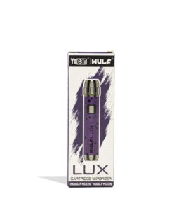 Wulf Mods LUX cartridge vaporizer in purple with black spatter, boxed packaging