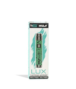 Wulf Mods LUX cartridge vaporizer in teal with black spatter, boxed retail packaging