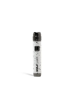 Wulf Mods LUX cartridge vaporizer pen in white with black spatter, upright view