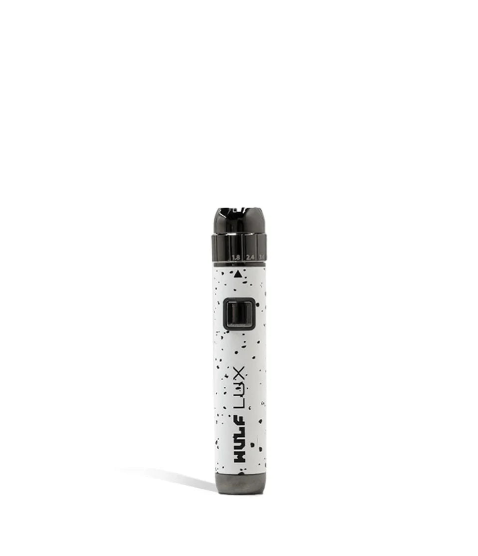 Wulf Mods LUX cartridge vaporizer pen in white with black spatter, upright view