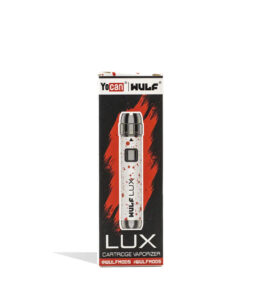 Wulf Mods LUX cartridge vaporizer in black with red spatter inside retail box