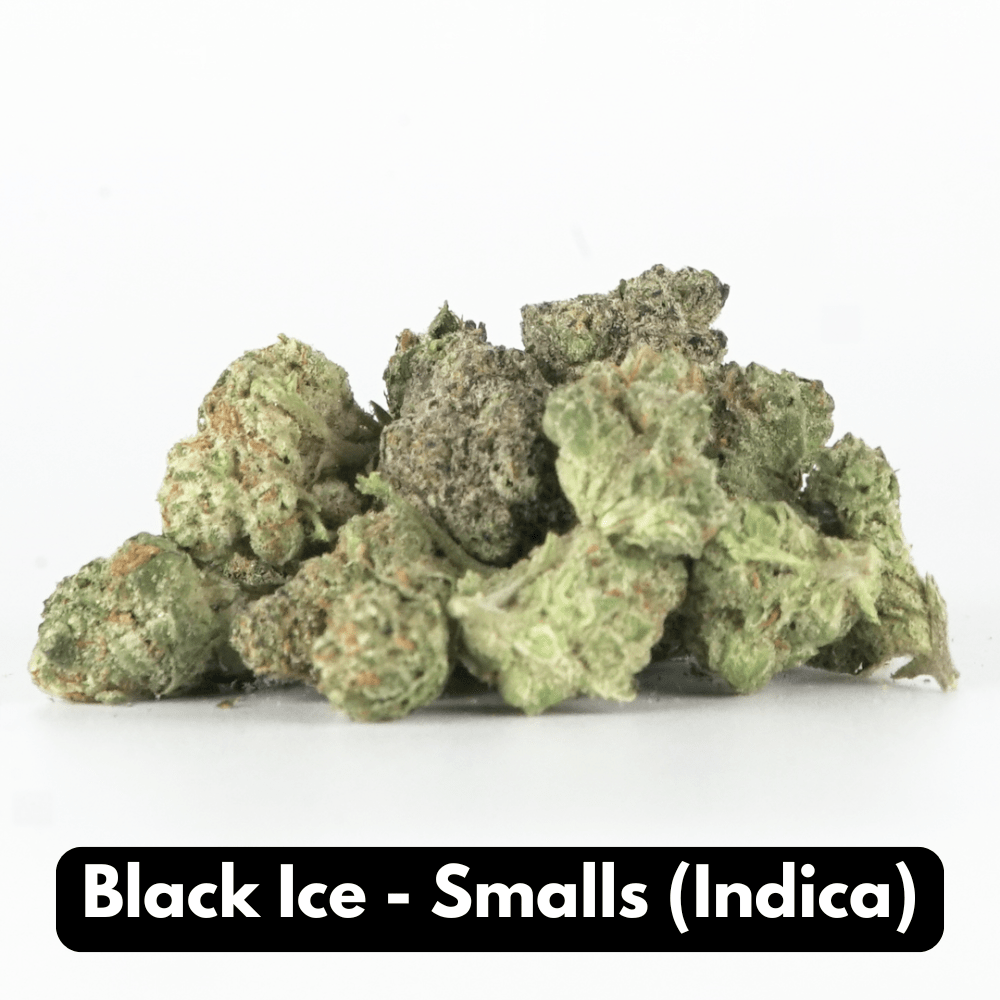 Natural THC-A Flower Indica Black Ice Smalls on White Background