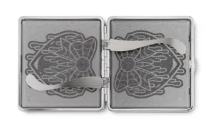Black Sparkle Eye Love You to Death stash case, open silver case with engraved interior