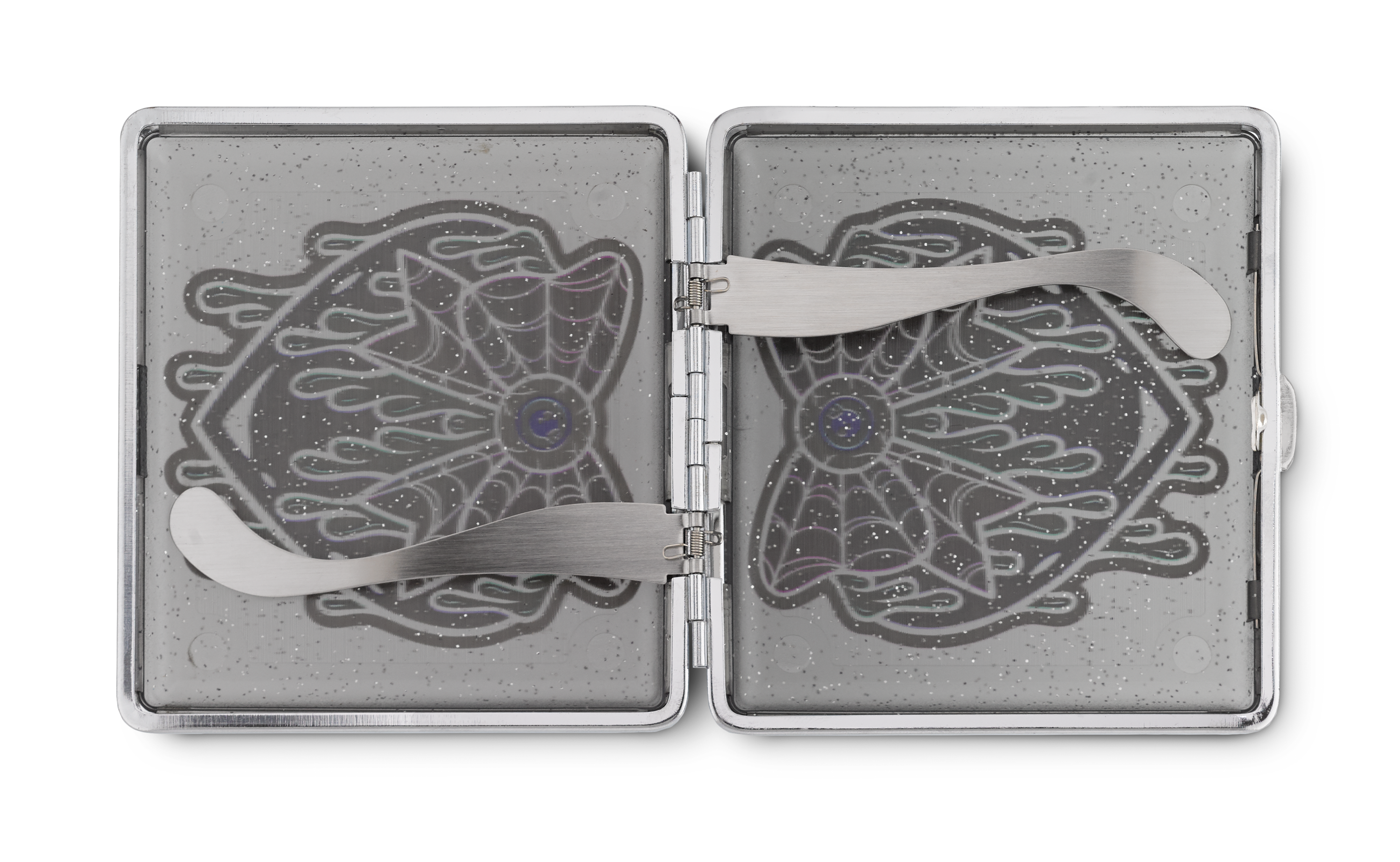 Black Sparkle Eye Love You to Death stash case, open silver case with engraved interior