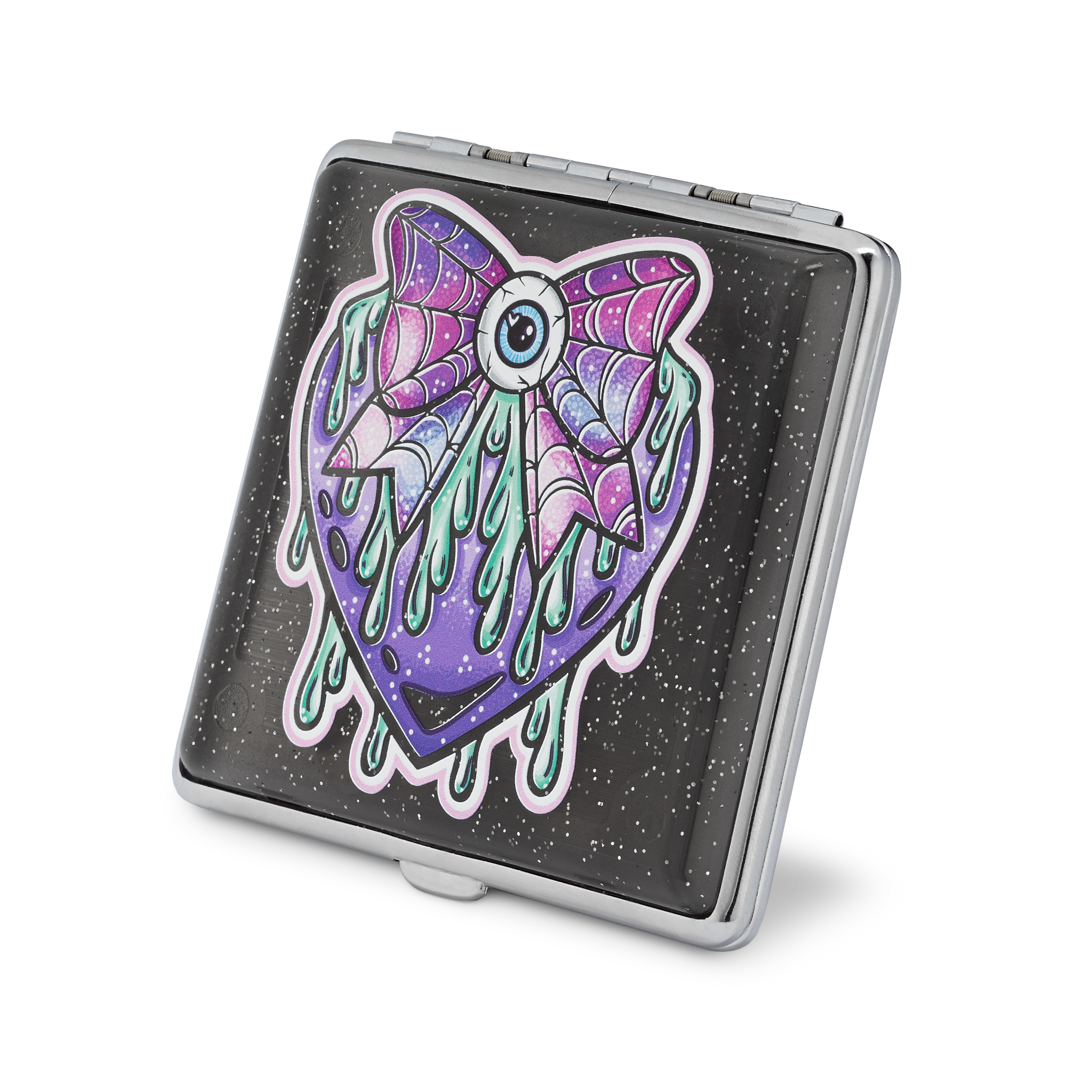 Black Sparkle Eye Love You to Death stash case, black sparkle case with winged eye art