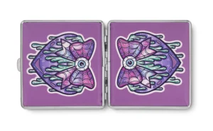 Purple Eye Love You to Death stash case by Tarryn Ann, open with winged eye panels