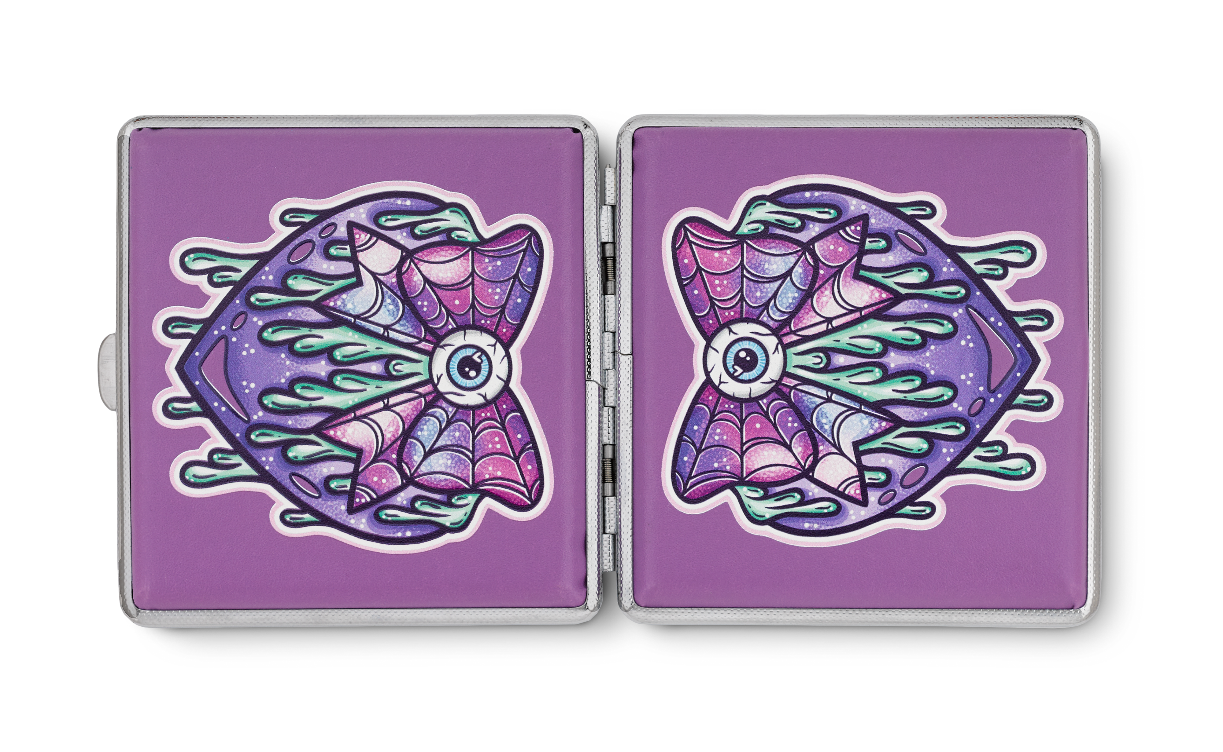 Purple Eye Love You to Death stash case by Tarryn Ann, open with winged eye panels