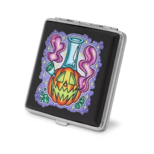 Smoking Jack-O-Lantern stash case by Cannabitches and Tarryn Ann, black case with pumpkin art
