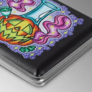 Smoking Jack-O-Lantern stash case by Tarryn Ann, close-up of the smoking pumpkin art
