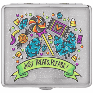 Just Treats Please stash case, Tarryn Ann Halloween collab with candy and buds art