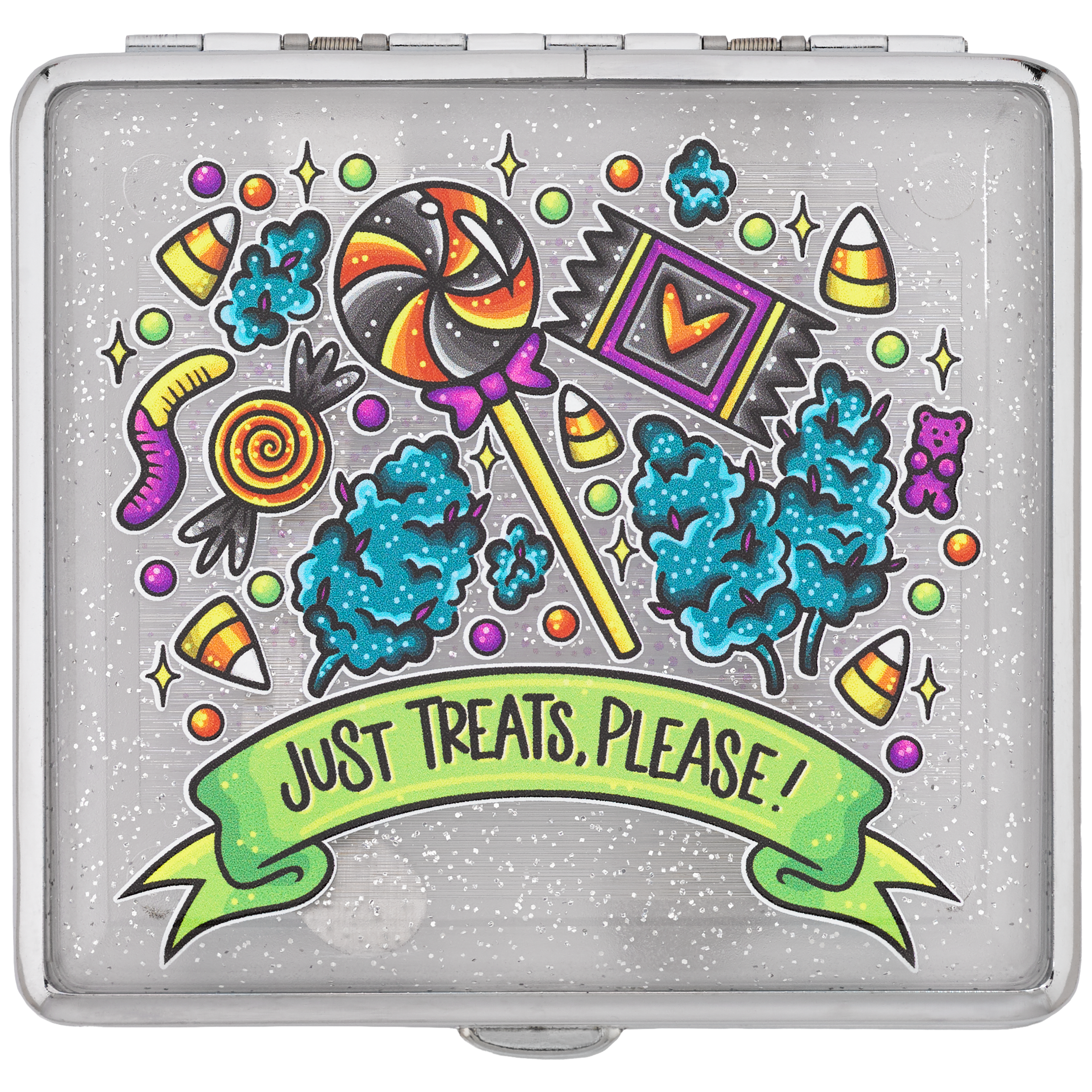 Just Treats Please stash case, Tarryn Ann Halloween collab with candy and buds art